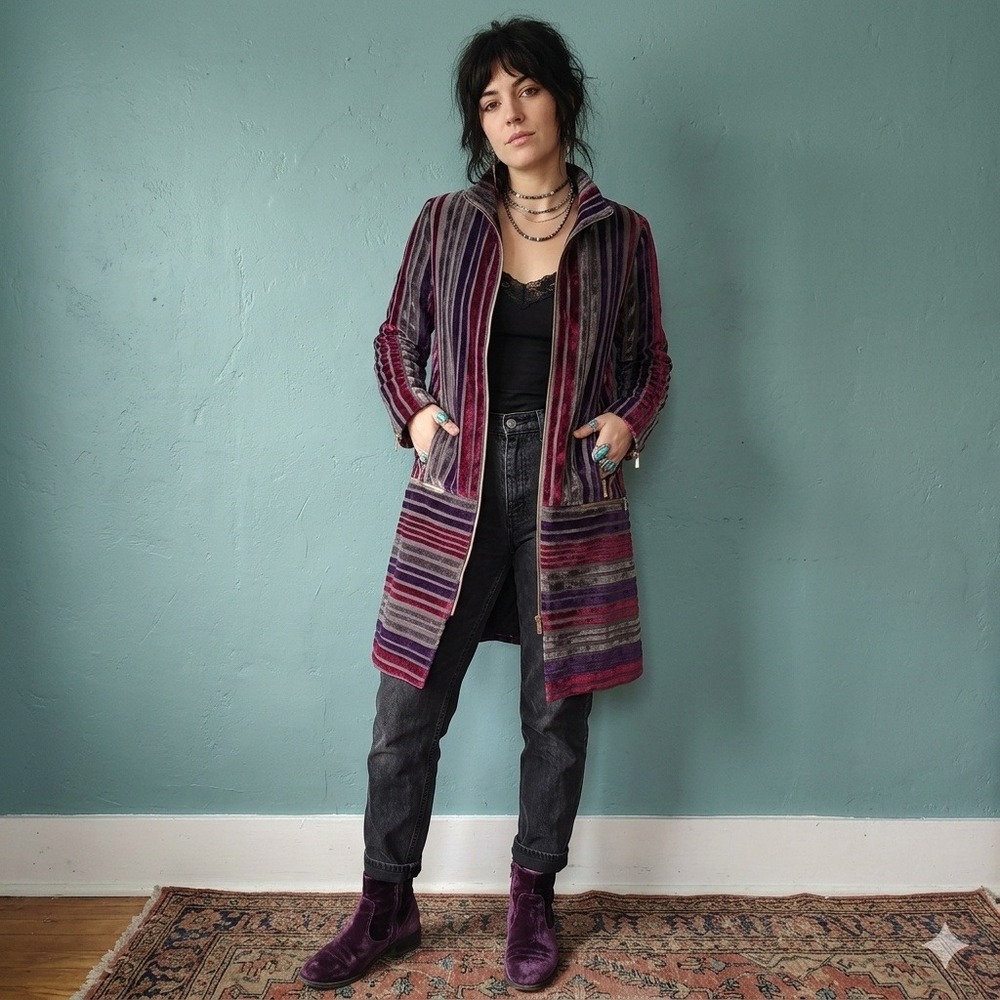 Anna Sui Coat Womens 8 Purple Striped Velvet Zip Front Avant-Garde Whimsigoth